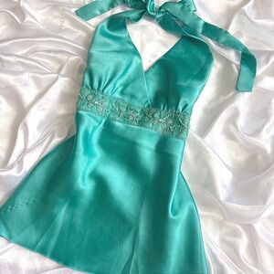 Lipstick Teal Satin Halter Top Y2K Beaded Floral Empire Waist Size S